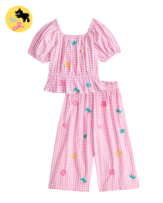 Pink Gingham Embroidered Top & Trouser Set