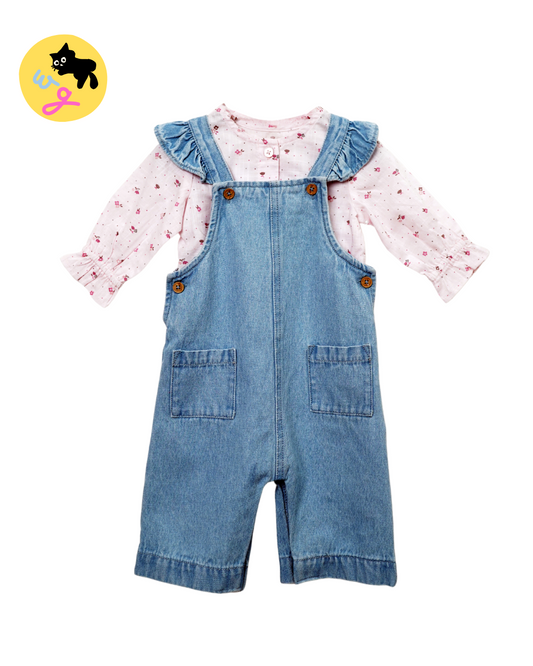 Frill Sleeve Dungaree with Floral Cotton Top