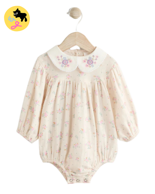 Ecru Floral Embroidered Baby Bloomer Romper