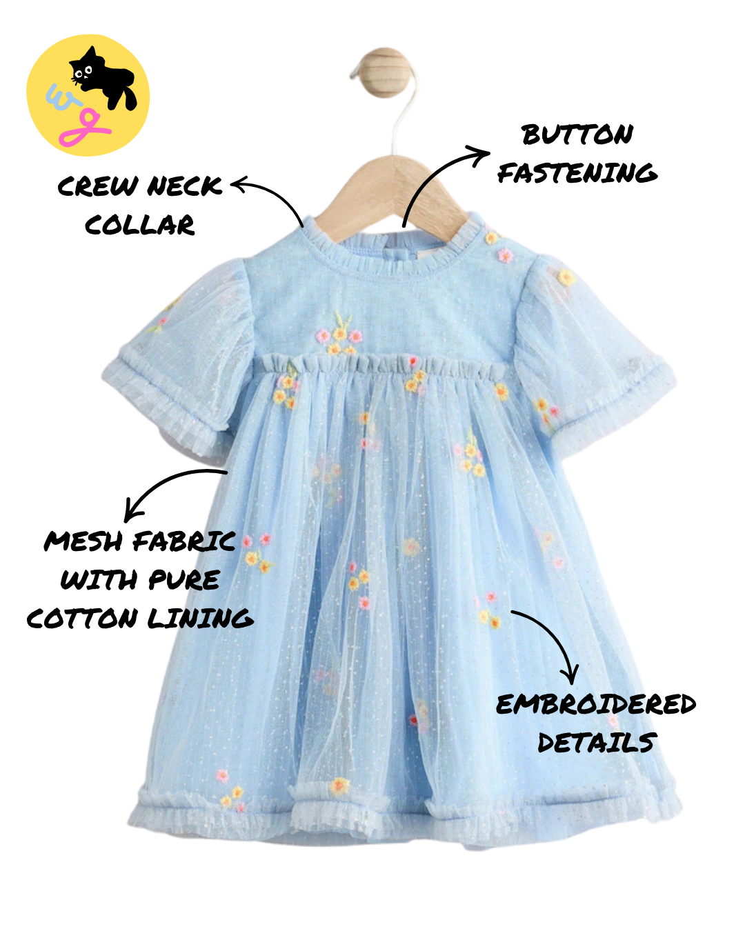 Blue Embroidered Flower Mesh Baby Dress