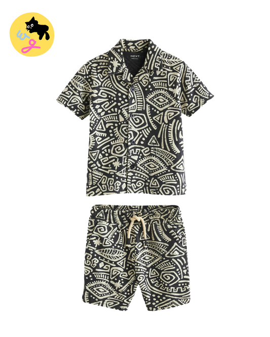 Black/White Short Sleeve Pattern Shirt and Shorts Set