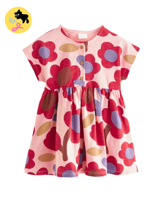 Pink/Tan Brown 100% Cotton Button Front Jersey Dress