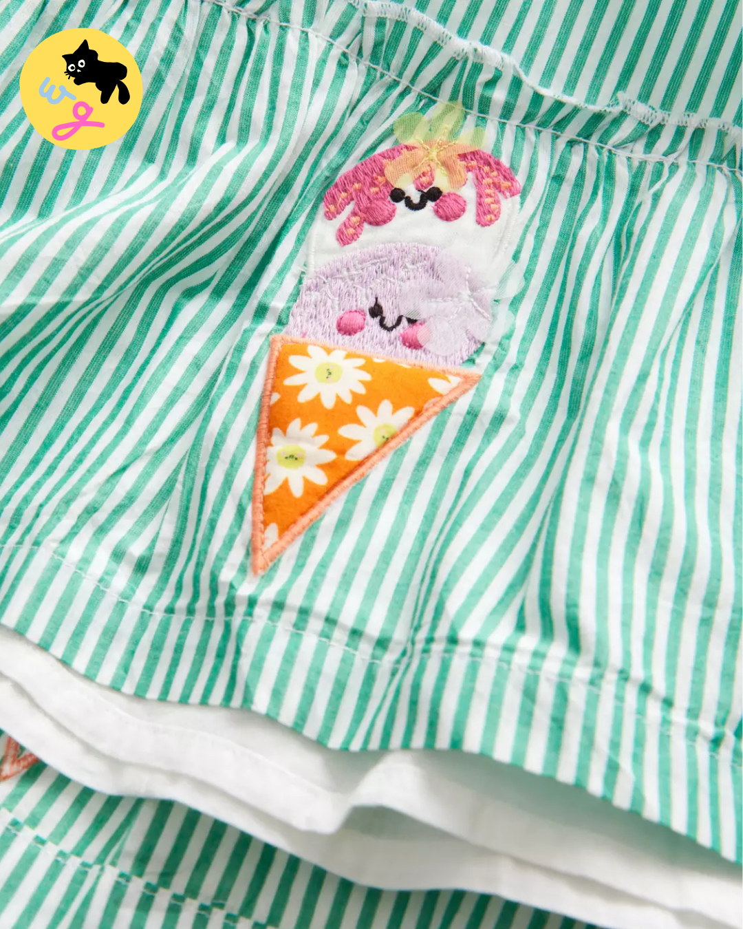 Green Stripe Ice Cream Appliques Skirt & T-shirt set