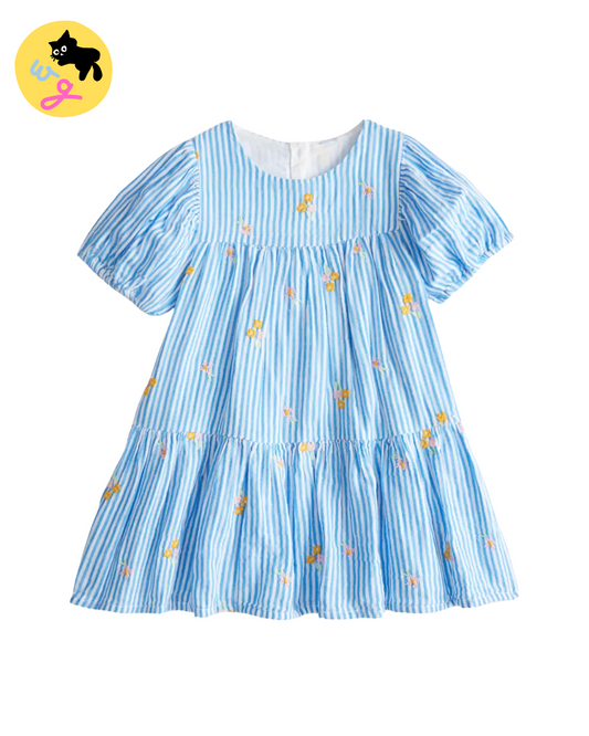 Blue & White Stripe Embroidered Florals Dress