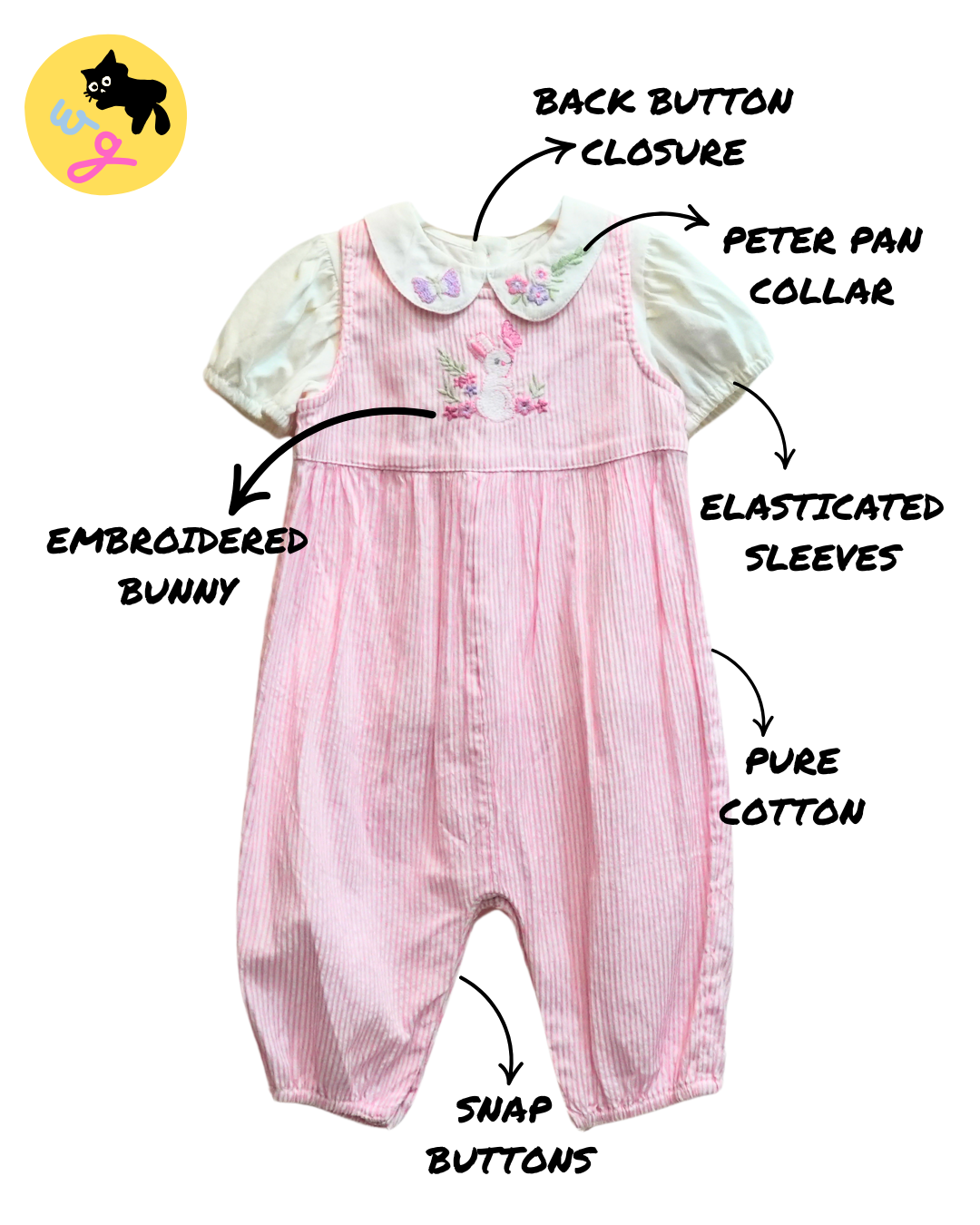 Pink & White stripes Bunny Embroidered Full Romper