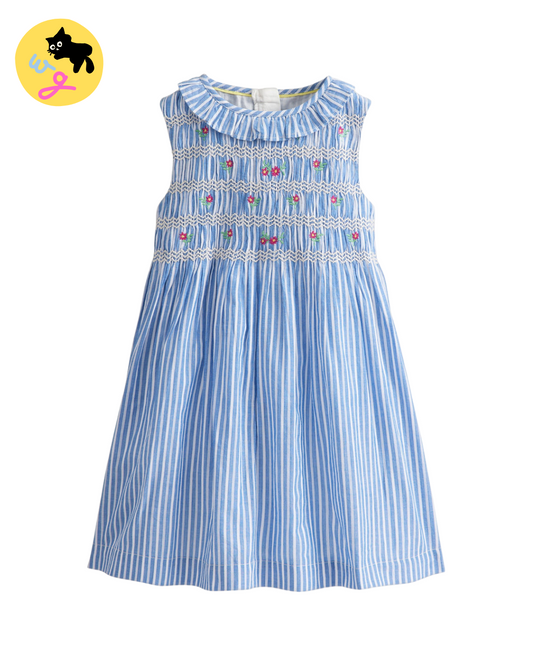 Smocked Bodice Dress - Blue Stripes
