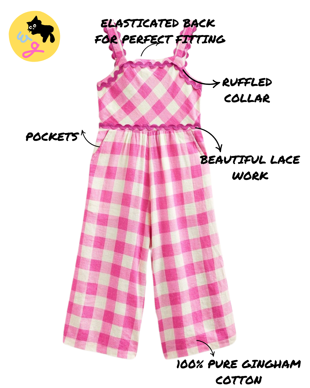 NWT Pink & White Gingham Ric Rac Wideleg Jumpsuit