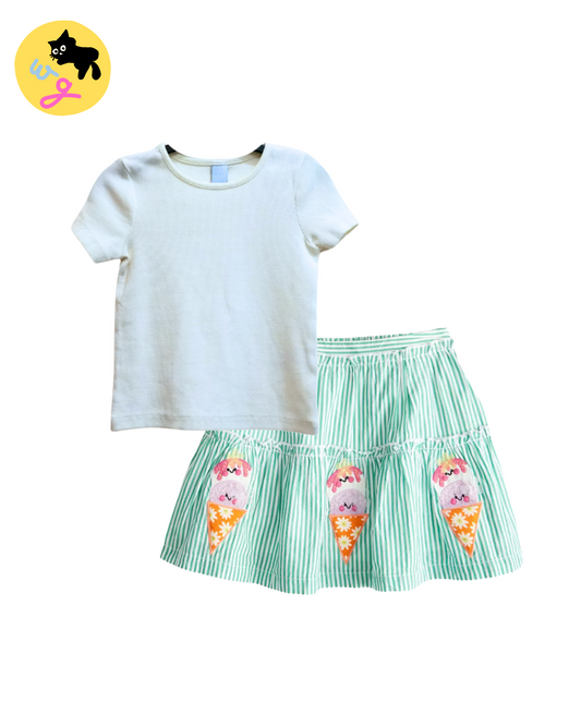 Green Stripe Ice Cream Appliques Skirt & T-shirt set