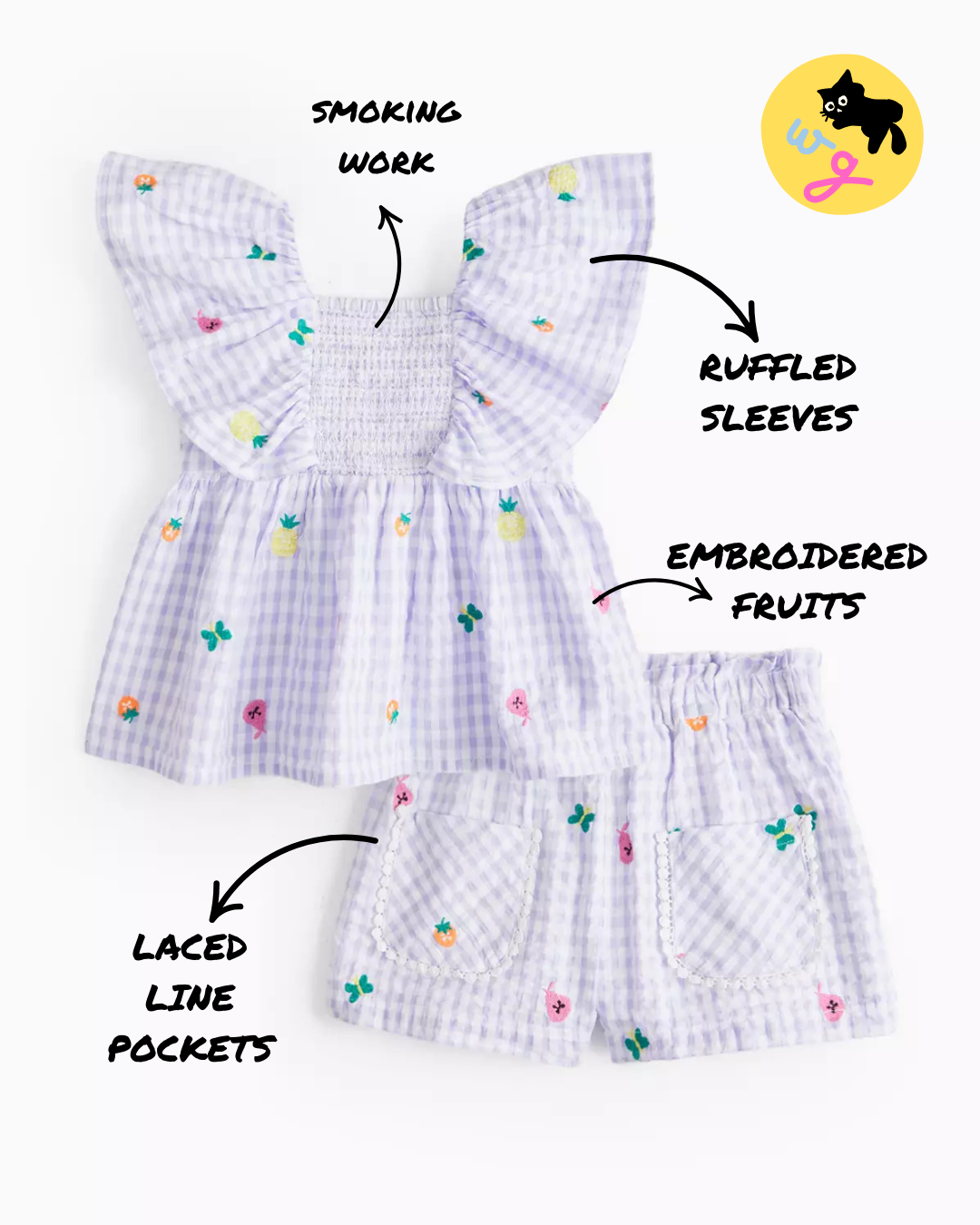 Lilac Gingham Embroidered Top & Shorts Set