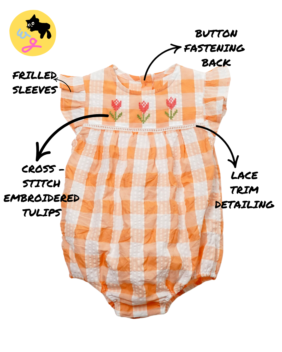 Orange Gingham Tulip Cotton Romper