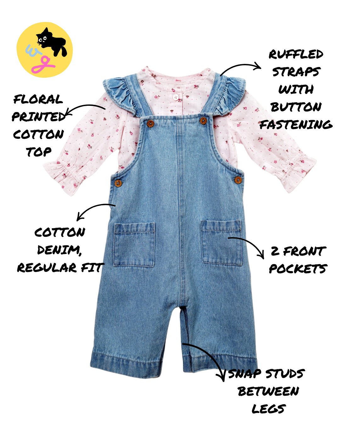 Frill Sleeve Dungaree with Floral Cotton Top