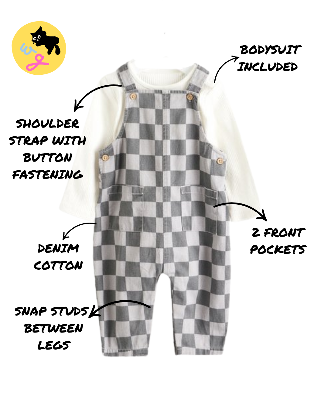Body Suit & Grey Checkered Dungarees