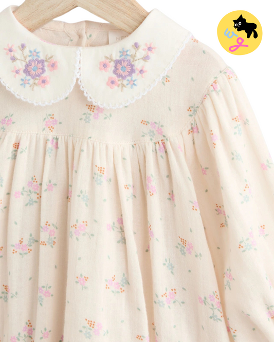 Ecru Floral Embroidered Baby Bloomer Romper