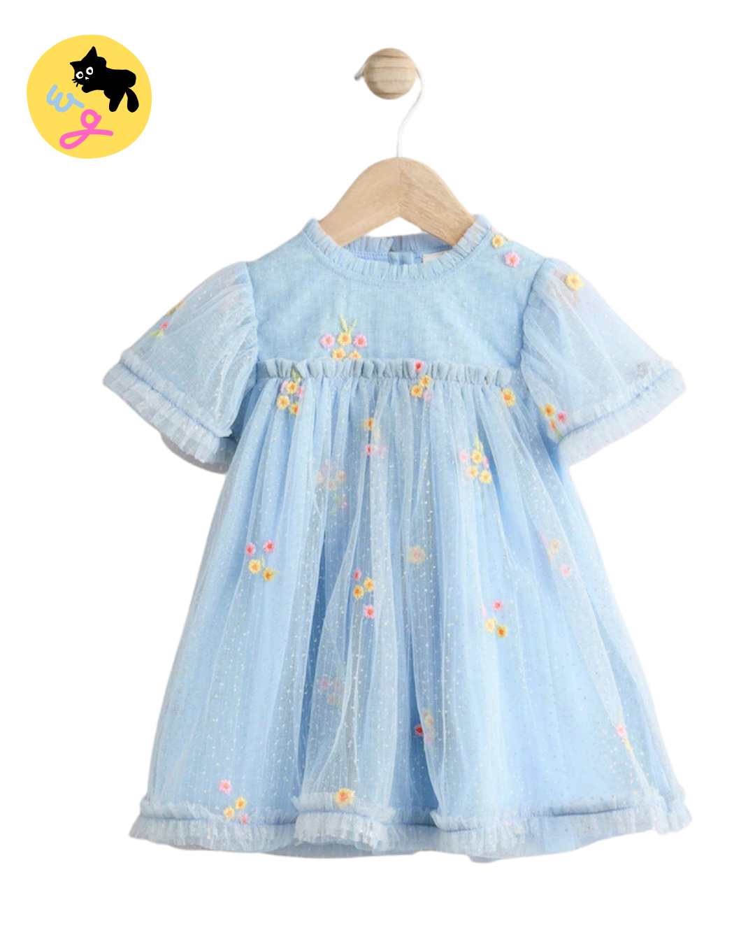 Blue Embroidered Flower Mesh Baby Dress