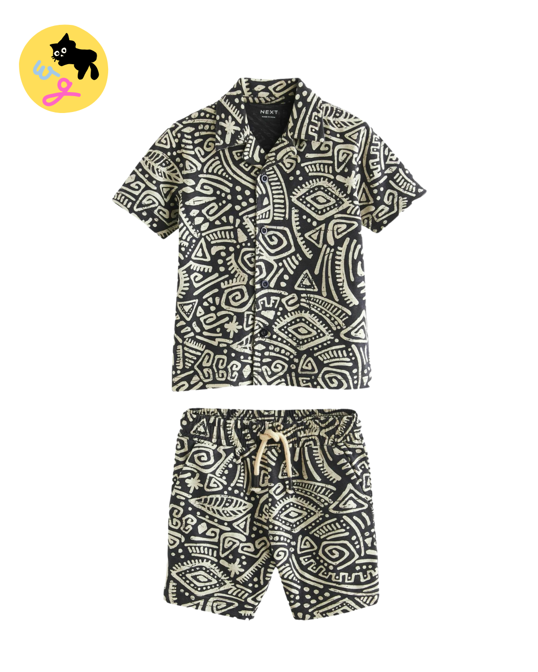 Black/White Short Sleeve Pattern Shirt and Shorts Set