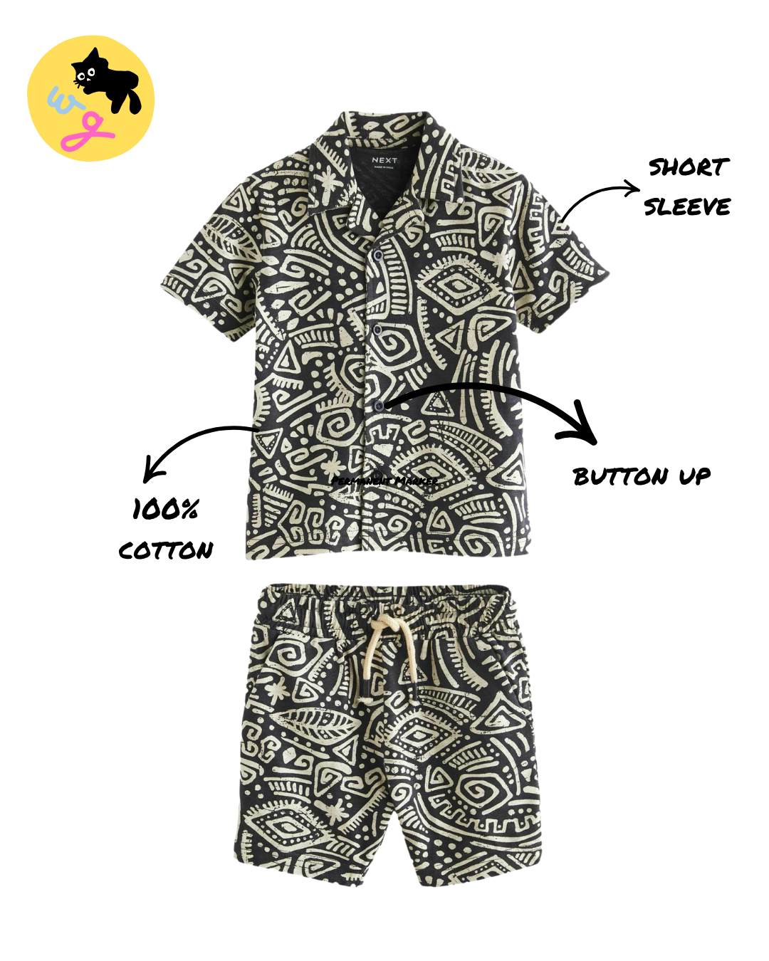 Black/White Short Sleeve Pattern Shirt and Shorts Set