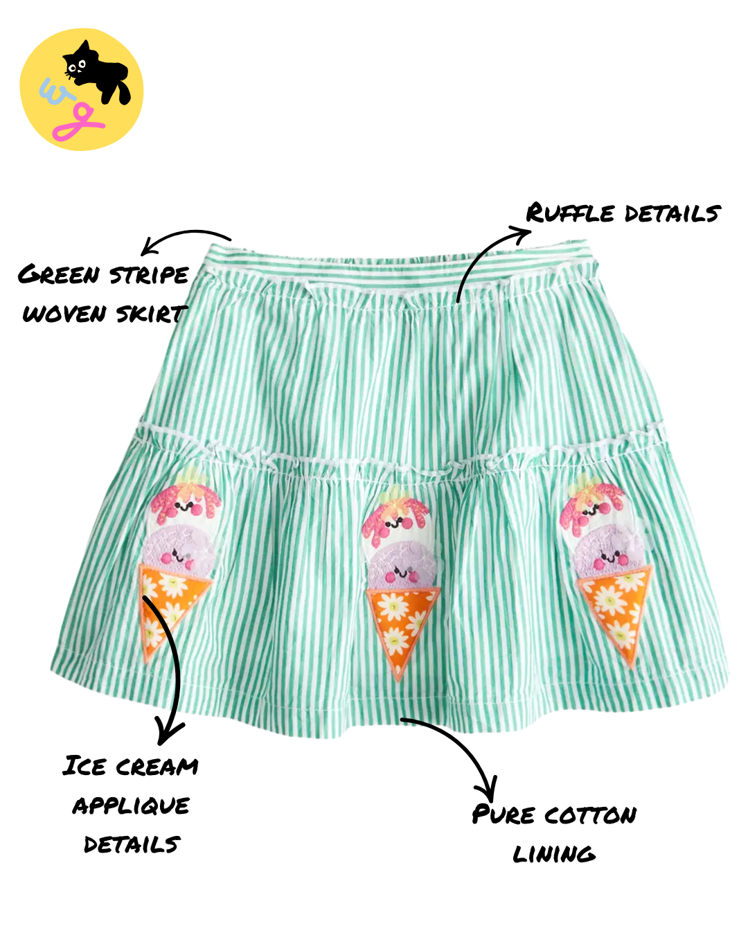 Green Stripe Ice Cream Appliques Skirt & T-shirt set