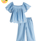 Blue Chambray Embroidered Top & Culottes Set
