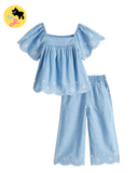 Blue Chambray Embroidered Top & Culottes Set