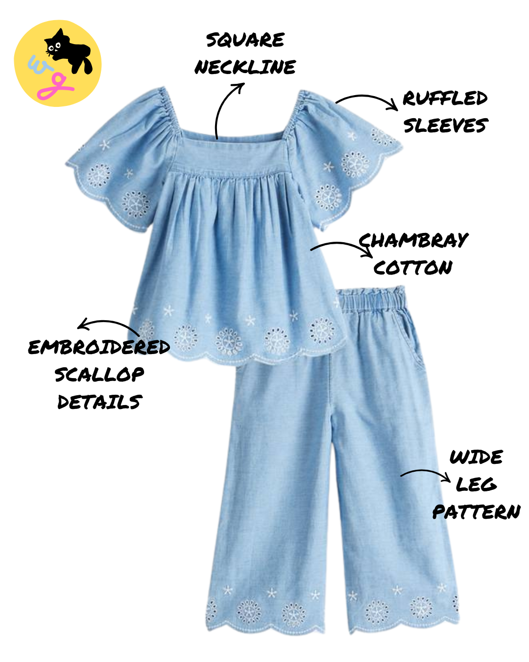 Blue Chambray Embroidered Top & Culottes Set