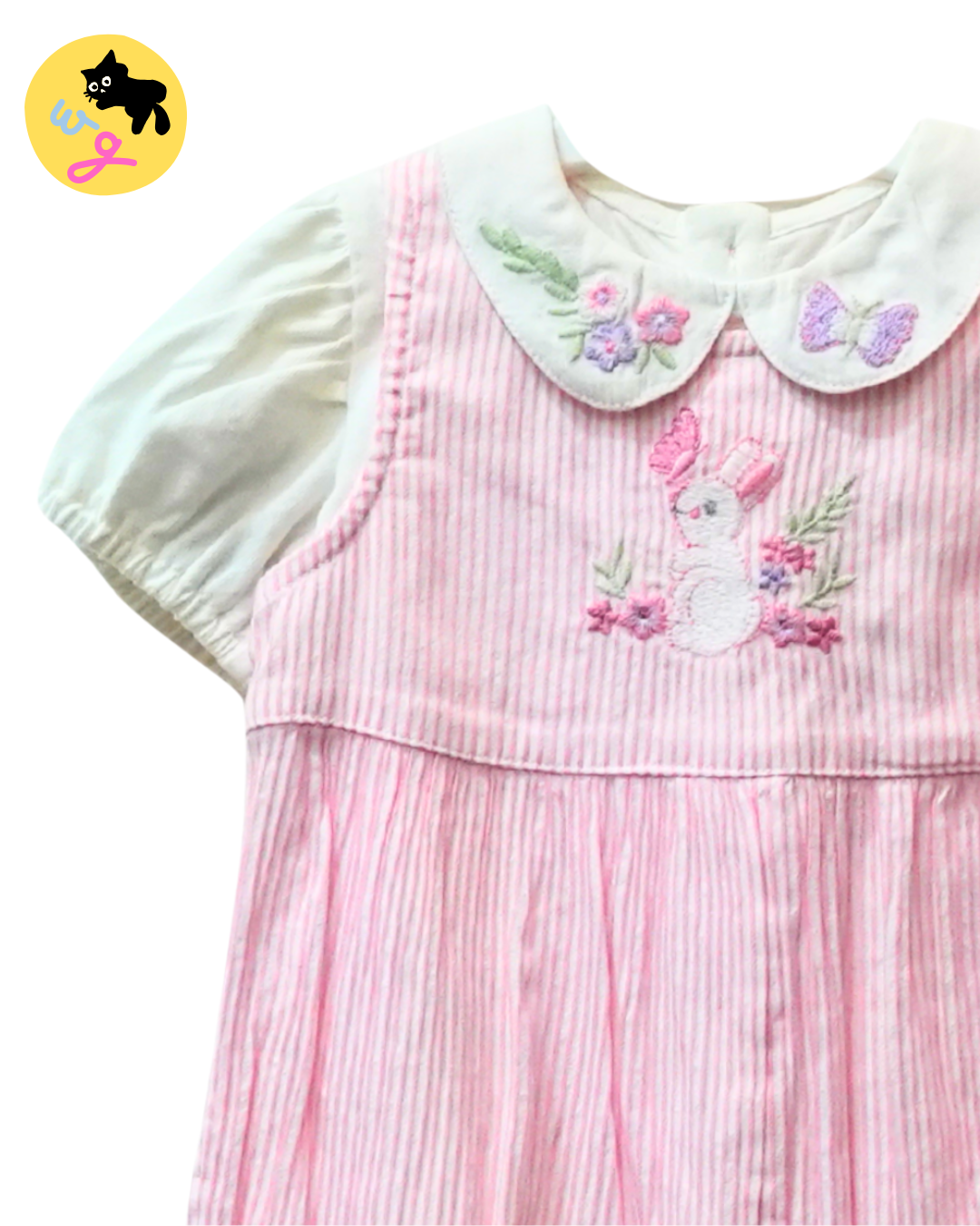 Pink & White stripes Bunny Embroidered Full Romper