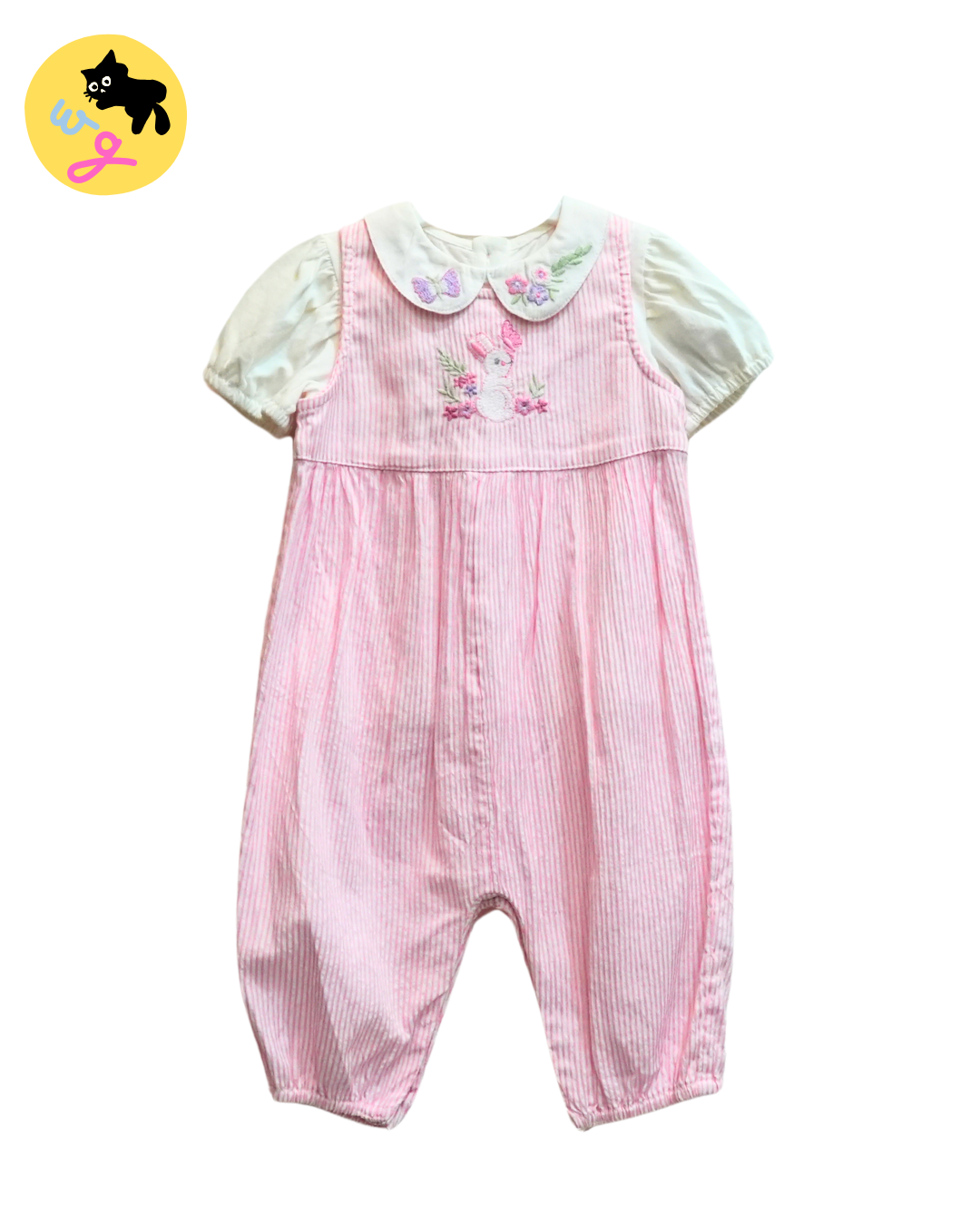 Pink & White stripes Bunny Embroidered Full Romper