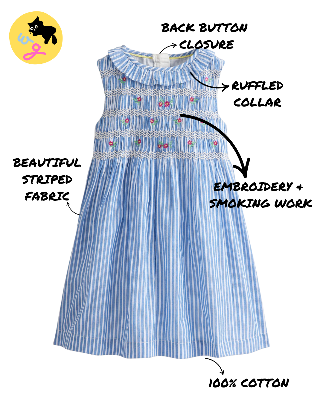 Smocked Bodice Dress - Blue Stripes