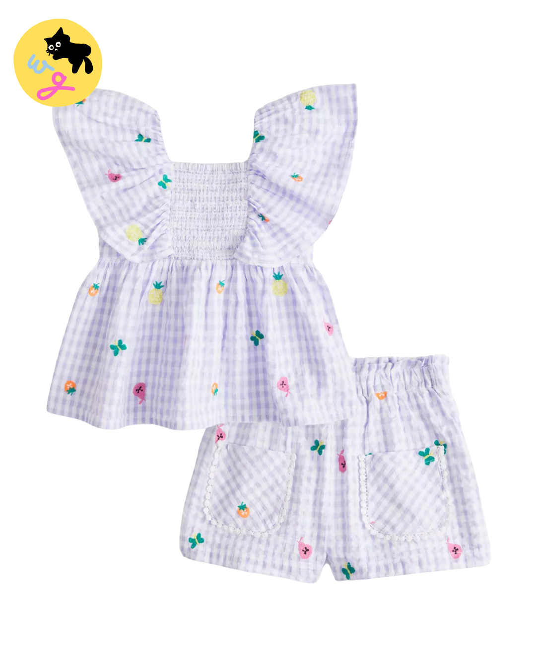 Lilac Gingham Embroidered Top & Shorts Set